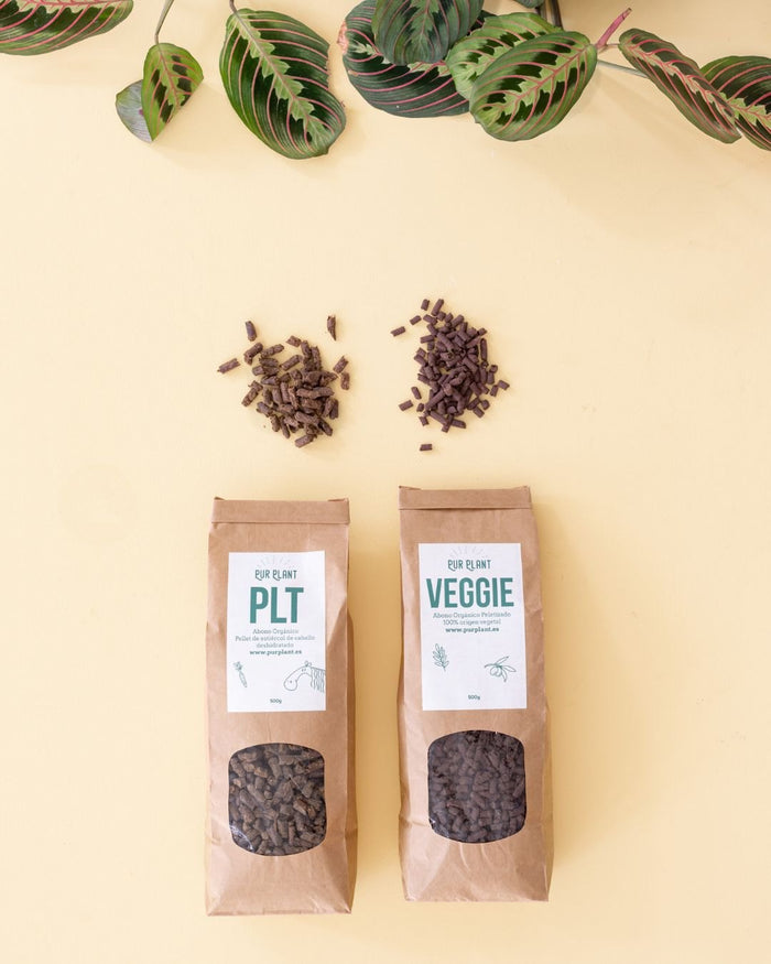 Abonos orgánicos en pellet de Pur Plant: PLT, de estiércol de caballo, y VEGGIE, de origen vegetal