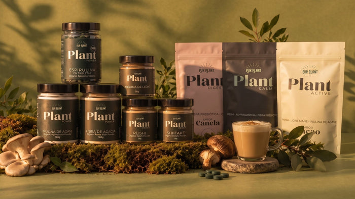 Productos de nutrición plant based de Pur Plant con setas, musgo y una bebida caliente